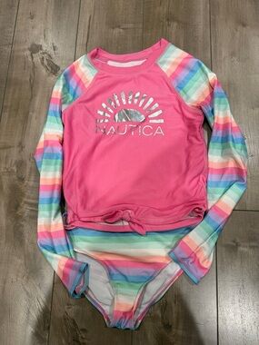 Nautica Girls' Hot Pink Rash Guard 3 Piece Swimsuit with Pastel Rainbow Stripes